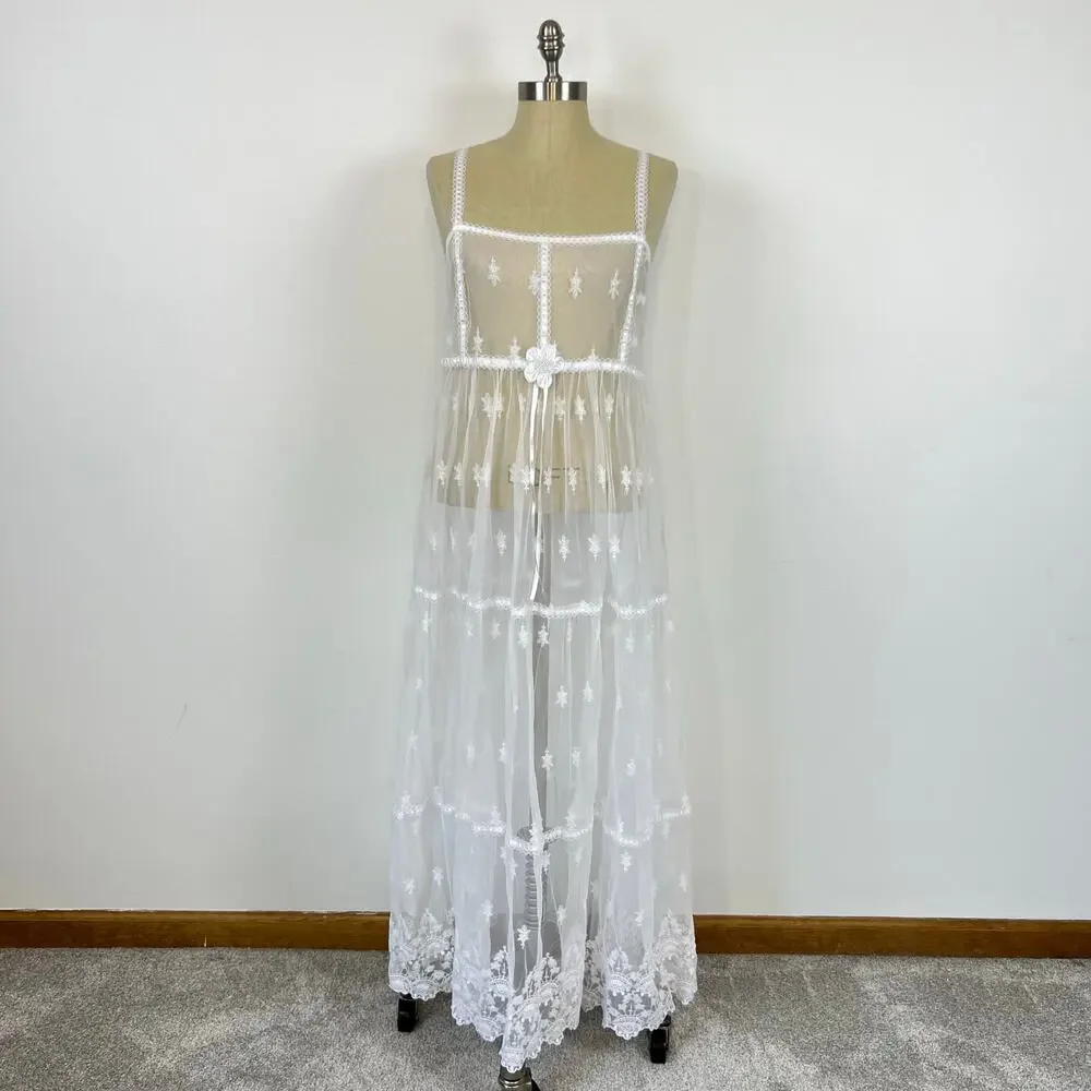Vintage No Strings Attached Sheer White Floral Coverup Bridal Night Gown Dress M - Picture 4 of 13